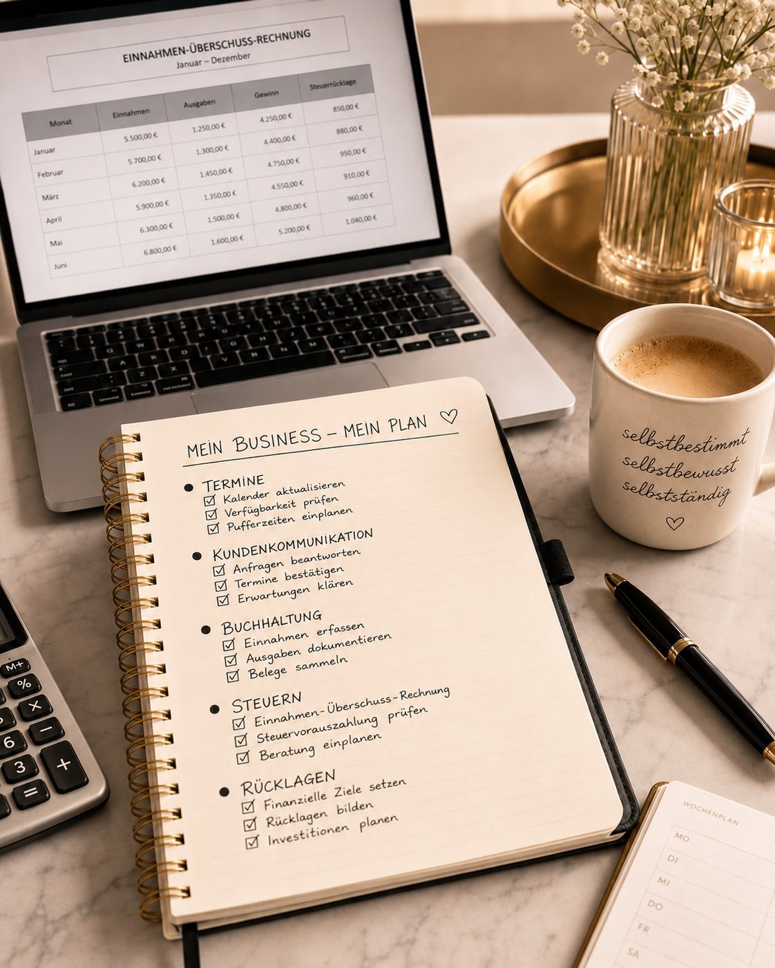 Schreibtisch mit Business-Plan, Finanzübersicht, Notizbuch und Kaffee